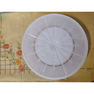Vintage Anchor Hocking White Milk Glass Cake Stand Gold Dots Fleur de Lis 10"